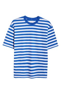 Classic stripes race across this staple cotton T-shirt that can be layered and worn year-round. 26" length (size Medium) Crewneck Short sleeves 100% cotton Machine wash, dry flat Made in Portugal Designer Clothing Blue Cotton T-shirt With Contrast Stripes, Relaxed Fit Crew Neck T-shirt With Horizontal Stripes, White Short Sleeve T-shirt With Signature Stripes, Blue Tops With Signature Stripes For Summer, Short Sleeve Tops With Signature Stripes For Spring, Spring Short Sleeve Tops With Signature Stripes, Blue Crew Neck Top With Vertical Stripes, White Crew Neck T-shirt With Signature Stripes, Relaxed Fit Crew Neck Top With Signature Stripes