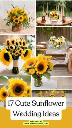 Sunflower wedding ideas including bouquets, centerpieces, and decor for a rustic, country, or summer wedding. Sunflower Bouquets Wedding, Fall Sunflower Wedding Centerpieces, Sunflower Centerpieces Wedding, Rustic Wedding Theme Ideas, Sunflower Summer Wedding, July Wedding Ideas, Sunflower Bouquet Wedding, Wedding Chair Decorations Diy, Sunflower Wedding Theme