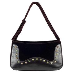 TheRealList presents: a gorgeous deep brown velvet adjustable shoulder bag designed by Donatella Versace. This bag features iridescent rhinestone accents that were featured on both the S/S 2000 runway. A similar bag in leather was featured in the ad campaign shot by Steven Meisel. Definitely subtle by Versace standards, a small silver Medusa logo breaks up the line of rhinestones on the front of the bag. Follow us on Instagram! @_the_reallist_ Approximate measurements: 7.5" and 8.5" adjustable h Designer Leather Shoulder Bag With Rhinestones, Formal Embellished Leather Shoulder Bag, 2000 Runway, Y2k Bags, Versace Bag, 00s Style, Versace Vintage, Vintage Versace, Studded Bag