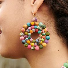 Up your earring game with this standout style! Three circular layers of colorful Kantha beads form this large statement hoop that’s topped with a single bead. Crafted from repurposed Sari and Kantha fabric, each is one-of-a-kind so exact colors will vary. Features nickel-free and lead-free French ear wires. Sustainably handmade by women artisans in India. Textile Earrings, Kantha Fabric, Fabric Earrings, Single Bead, Creative Jewelry, Wire Earrings, Women Artisans, Diy Fabric, Handmade Fashion