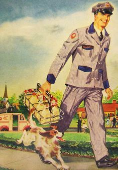 a man in uniform is walking with a dog on a leash and carrying a basket