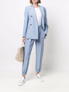 Shop Brunello Cucinelli cuffed-ankle linen suit trousers with Express Delivery - FARFETCH Casual Linen Pantsuit For Workwear, Tailored Linen Pantsuit For Spring, Spring Linen Pantsuit With Pockets, Summer Tailored Linen Pantsuit, Tailored Linen Pantsuit For Summer, Spring Linen Pantsuit With Notch Lapel, Elegant Linen Pantsuit With Pockets, Spring Light Blue Trousers, Elegant Light Blue Trousers