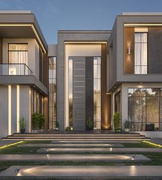 an exterior view of a modern house with steps leading up to the front door and two balconies