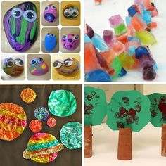 four different crafts and activities for kids to do with paper plates, gummy bears, and trees