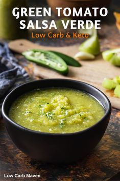 green tomato salsa served in a black bowl