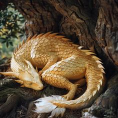 a golden dragon is curled up on the ground in front of a tree trunk with feathers around it