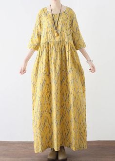 Yellow High Waist Print Loose Half Sleeve Cotton Linen Dress - Omychic Summer Dresses Diy, Female Dress, Cotton Sundress, Cotton Linen Dresses, Travel Dress, Linen Casual, Oversized Dress, Linen Maxi Dress, Long Summer Dresses