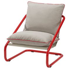 a gray and red chair with a pillow on top of it's backrest