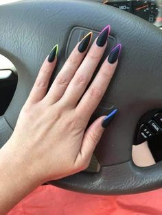 Black And Neon French Tip Nails, Black Nails Rainbow Tips, Black Nails With Rainbow Tips, Almond Nails Basic Design, Black Nails Neon Tips, Black Nails With Neon Tips, Colorful Goth Nails, Rave Nails Acrylic Festival, Matte Stiletto Nails Design