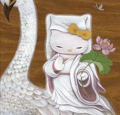 a painting of a cat dressed as a swan and holding a flower in its hand