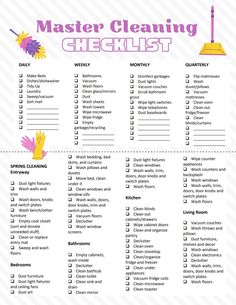 a cleaning checklist with the words, master cleaning checklist written in pink and purple