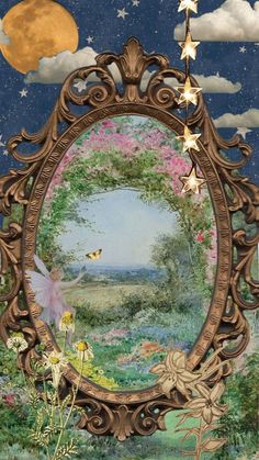 an ornate frame with a fairy scene in the center and stars on it, surrounded by flowers