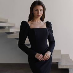 Step into sophistication with our Formal Black Mini Dress! This stunning dress, featuring long sleeves and an open back, is perfect for wedding guests and special occasions. Its timeless design and premium fabric make it a standout piece for any elegant event. 💖✨ Features: Material: Luxurious premium-grade crepe diagonal fabric that feels smooth and looks stunning 🌟 Design: Midi length with a total length of 82 cm, skirt length of 45 cm, and sleeve length of 64 cm 🌸 Color: Classic black, idea Cocktail Evening Dress With Long Sleeves And Fitted Bodice, Cocktail Evening Dress With Fitted Bodice And Long Sleeves, Long Sleeve Evening Dress With Fitted Bodice For Cocktail, Sleek Long Sleeve Fitted Evening Dress, Sleek Fitted Long Sleeve Evening Dress, Evening Long Sleeve Fitted Bodice Bodycon Dress, Sleek Formal Mini Bodycon Dress, Sleek Fitted Evening Dress For Dinner, Long Sleeve Dressy Dresses For Gala