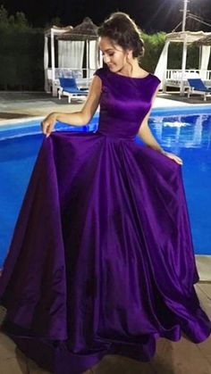 Purple Satin Prom Dress, Formal Dresses Uk, Scoop Neck Prom Dress, Long Purple Dress, Cap Sleeve Prom Dress, Simple Prom Dress Long, Satin Formal Dress, Purple Prom, Simple Prom Dress