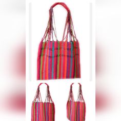 New Mexican Striped Woven Tote Beach Shopping Bag Women's Handmade Oaxaca Mexico Red Is The Main Color. Handmade Red Beach Bag For Everyday, Multicolor Shoulder Bag With Adjustable Strap For Market, Eco-friendly Red Shoulder Bag For Shopping, Casual Multicolor Shoulder Bag For Market, Handmade Red Hobo Bag For Travel, Casual Multicolor Bags For Market, Summer Rectangular Fair Trade Shoulder Bag, Casual Multicolor Bags For The Market, Multicolor Shoulder Hobo Bag For Market