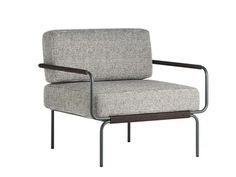 a chair with a black frame and grey fabric upholstered on the armrests