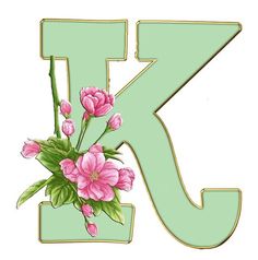 the letter k is decorated with pink flowers