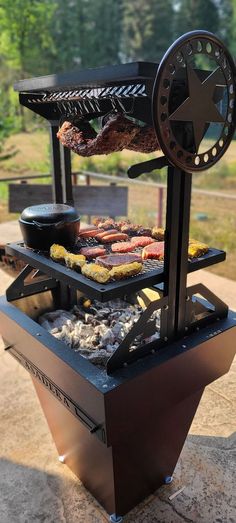 an outdoor grill with various foods on it