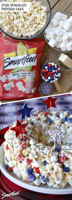 patriotic popcorn cake with marshmallows and red white and blue sprinkles