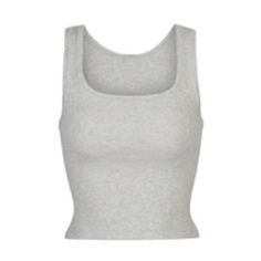 Gray Ribbed Scoop Neck Top, Basic Gray Tank Top For Everyday, Cotton Solid Color Tank Top With Scoop Back, Gray Scoop Neck Cotton Tank Top, Solid Cotton Tank Top With Scoop Back, Cotton Tank Top With Scoop Back, Fitted Gray Tank Top, Fitted Gray Tank Top With Tank Straps, Gray Seamless Scoop Neck Tank Top