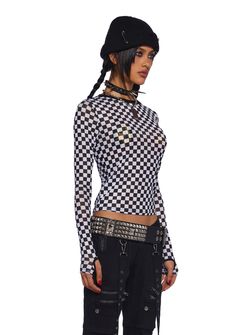 cuz you're completely checked out. This top has a stretch mesh construction, a checkered pattern all over, and long sleeves with thumbhole cuffs. Black Long Sleeve Mesh Top Y2k Style, Black Long Sleeve Y2k Mesh Top, Y2k Black Long Sleeve Mesh Top, Black Mesh Y2k Tops, Edgy Long Sleeve Mesh Top With Mesh Sleeves, Edgy Long Sleeve Mesh Top, Fall Long Sleeve Tops With Grid Pattern, Y2k Stretch Mesh Top With Long Sleeves, Y2k Style Stretch Mesh Top With Long Sleeves