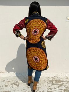 Festive Long Outerwear For Fall, Traditional Long Sleeve Block Print Kimono, Folk Style Fitted Cotton Outerwear, Fitted Cotton Folk Outerwear, Fitted Folk-style Cotton Outerwear, Bohemian Long Sleeve Kurta For Festivals, Folk Style Long Outerwear For Fall, Long Folk Style Outerwear For Fall, Traditional Fitted Cotton Outerwear