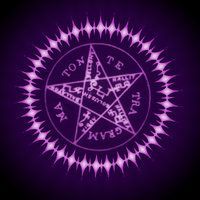 a purple pentagramil with white writing on it