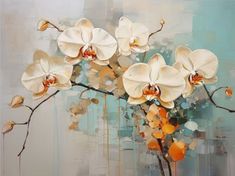 an oil painting of white orchids in a vase on a blue and gray background