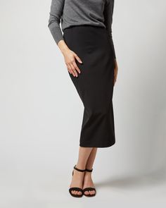 A just-pull-it-on pencil skirt in a super-luxe stretch ponte knit that feels really good against the skin. Dress it up or down — t-shirts, cashmere sweaters, silk blouses, crisp white shirts, you know the drill. Black Elastane Skirt For Fall, Black Stretch Classic Skirt, Classic Black Stretch Skirt, Elegant Stretch Pencil Skirt For Winter, Classic Black Elastane Pencil Skirt, Skin Dress, Ann Mashburn, Work Capsule, Silk Blouses