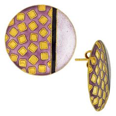 For an earring that debuted in the middle of the 1970s these present a beautifully abstract and distinctly modern vibe. 24k gold over sterling silver with warm purple and mauve enamel work. Measures about 1 inch in diameter.Vintage stock from the 1970's - they were designed by Shashi Singapuri for Laurel Burch's Laurel Inc line and crafted by hand. Gold Earrings With Artistic Design, Modern Gold Enamel Earrings, Modern Gold Earrings With Enamel, Warm Purple, Cloisonne Enamel Jewelry, Horse Sweater, Cloisonne Earrings, Gold Vermeil Jewelry, Purple Jewelry