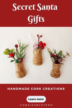 three cork vases with plants in them and the text secret santa gifts handmade cork creations