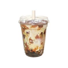 an iced drink in a plastic cup on a white background