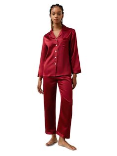 Relax and unwind after a busy day and slip into the Long Sleeve Button-Down Silk Pajama Set. The long-sleeved button-front shirt will feel like second nature against your skin. The matching pants have a relaxed and comfortable fit making them easy to slip on. 22 Momme Charmeuse Silk Glossy Smooth Soft Red Silk Christmas Pajamas, Fitted Silk Long Sleeve Sleepwear, Red Silk Pajamas, Spring Long Sleeve Silk Sleepwear, Elegant Silk V-neck Sleepwear, Silk Pajamas Set, Silk Pajama, Silk Pajama Set, Matching Pants