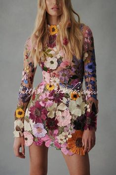 Elegantly Enchanted Floral Applique Backless Long Sleeve Mini Dress – roschic Gaun Fashion, 파티 드레스, Dress Women Elegant, Backless Mini Dress, Urban Chic, Flower Fashion, Mode Inspiration, Long Sleeve Mini Dress, A Dress