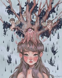 a painting of a girl with her head in the rain