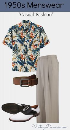 1950s Men's Casual Summer Fashion with a Hawaiian Shirt. Get the look at VintageDancer.com 1950s Costume Ideas, Costume Ideas For Guys, 1950s Fashion Menswear, 50s Outfit, 1950s Mens Fashion, 1950s Costume, Adrette Outfits, 50s Outfits, 1950s Mens