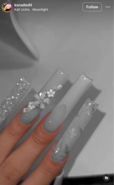 White Winter Acrylic Nails, Winter Wonderland Nails Acrylic, Winter Nails Long, Hoco Nail Ideas, Grey Christmas Nails, White Winter Nails, Winter Wonderland Nails, Sweet 16 Winter Wonderland, Winter Acrylic Nails