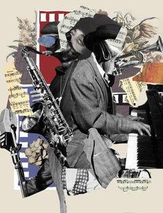 a man in a suit and hat playing the saxophone with music notes all around him