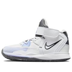 the nike zoom basketball shoe is white and black with grey accents on the upper part