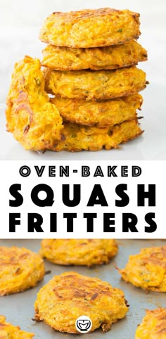 several cooked squash fritters stacked on top of each other with the words oven - baked squash fritters above them