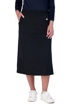 Travel Skirt 26 Black by Snoga Athletics Relaxed Cargo Skirt With Lining, Black Long Skirt With Side Pockets, Cotton Skort With Side Pockets, Cotton Skort With Side Pockets And Relaxed Fit, Black Midi Skirt With Side Pockets, Casual Skirt With Pockets And 4-way Stretch, Travel Skirt, Playing Golf, Women Travel