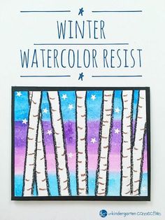 a card with trees painted on it and the words winter watercolor resist written in white