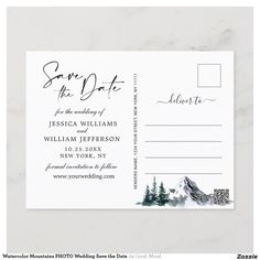 save the date postcard with mountains and pine trees on it, in black ink