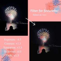 fireworks are lit up in the night sky above water and people looking at them with their backs to the camera