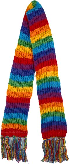 The woolen scarf is handknitted with pure wool from the foothills of the Himalayas, in Nepal. On the reverse side, it is lined with comfortable and soft red-colored fleece. The rainbow color pattern is liberal, everlasting and works for men and women! This long woolen scarf looks great with jeans. Size: - Material: Wool (100%) - Length: 66 (inches) - Width: 6 (inches) - Fringe: 5 (inches on each side) - Gentle red fleece lining on one side of the Rainbow Scarf - Hand knitted wool scarf from the Bohemian Halloween, Knit Scarfs, Woolen Scarf, Poncho Scarf, Rainbow Clothes, Embroidery Scarf, Woolen Scarves, Rainbow Scarf, Diy Scarf