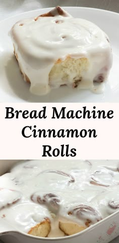 a close up of a plate of food with cinnamon rolls on it and the words bread machine cinnamon rolls