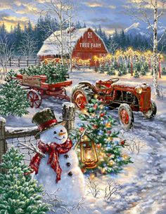 a painting of a snowman next to a christmas tree in front of a red barn