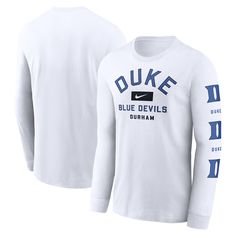 Channel your Duke Blue Devils pride with this Nike Primetime Classic Location Long Sleeve T-Shirt. Soft cotton fabric provides continuous comfort, making this shirt a go-to for any Duke fan. The team name and location are prominently displayed at the center chest, while team logos run down the left sleeve for a look that's both classic and bold. This T-shirt is a must-have for any Blue Devils fan looking to represent their team with classic style and comfort. Collegiate Long Sleeve T-shirt For College, Long Sleeve Sports T-shirt With Team Logo, Nike Collegiate Long Sleeve T-shirt, Collegiate Long Sleeve College T-shirt, Game Day Graphic Tee With Long Sleeves, Long Sleeve T-shirt With Team Logo For Fan Gear, Nike Fan Apparel Tops, Nike Long Sleeve Cotton T-shirt, College Team Logo Jersey Tops