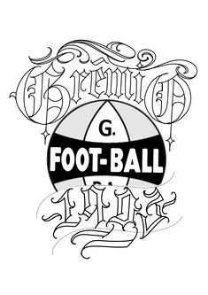 the foot ball logo is shown in black and white, with an ornate font above it