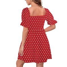 Red Heart Polka Dot Babydoll Dress: Adorable and stylish mini dress. 50s Style Dress, Puff Sleeve Red Polka Dot Mini Dress: Features short puff sleeves for a cute look inspired by the 1950s style dress. High-Quality Fabric: Made from 95% polyester and 5% spandex for comfort and stretch. Square Neckline: Modern and flattering neckline design. Top Smocked Bodice Detailing: Adds texture and interest to the dress. Above Knee A-Line Skirt: Flattering and easy-to-wear skirt length. Heart Polka Dot Pri Cute Red Puff Sleeve Dresses, Cute Polka Dot Mini Dress, Cute Polka Dot Mini Dress With Ruffles, Heart Print Mini Dress, Red Casual Mini Dress With Sweetheart Neckline, Casual Red Strawberry Print Dress, Casual Red Heart Print Dress, Casual Cherry Print Mini Dress, Red Short Sleeve Cute Mini Dress